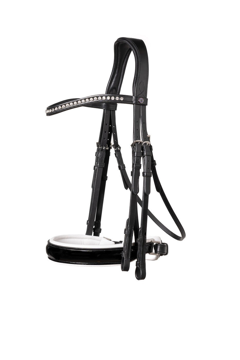 TRUST Aachen Double Bridle Patent noseband white padded Black